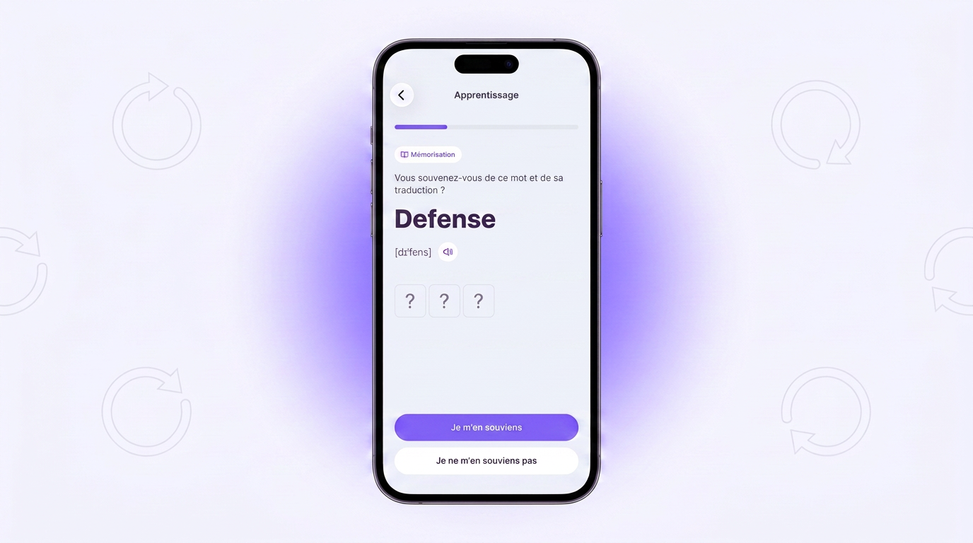 Entraînement dans VibeLing : vérifier si vous vous souvenez du mot Defense et de sa traduction