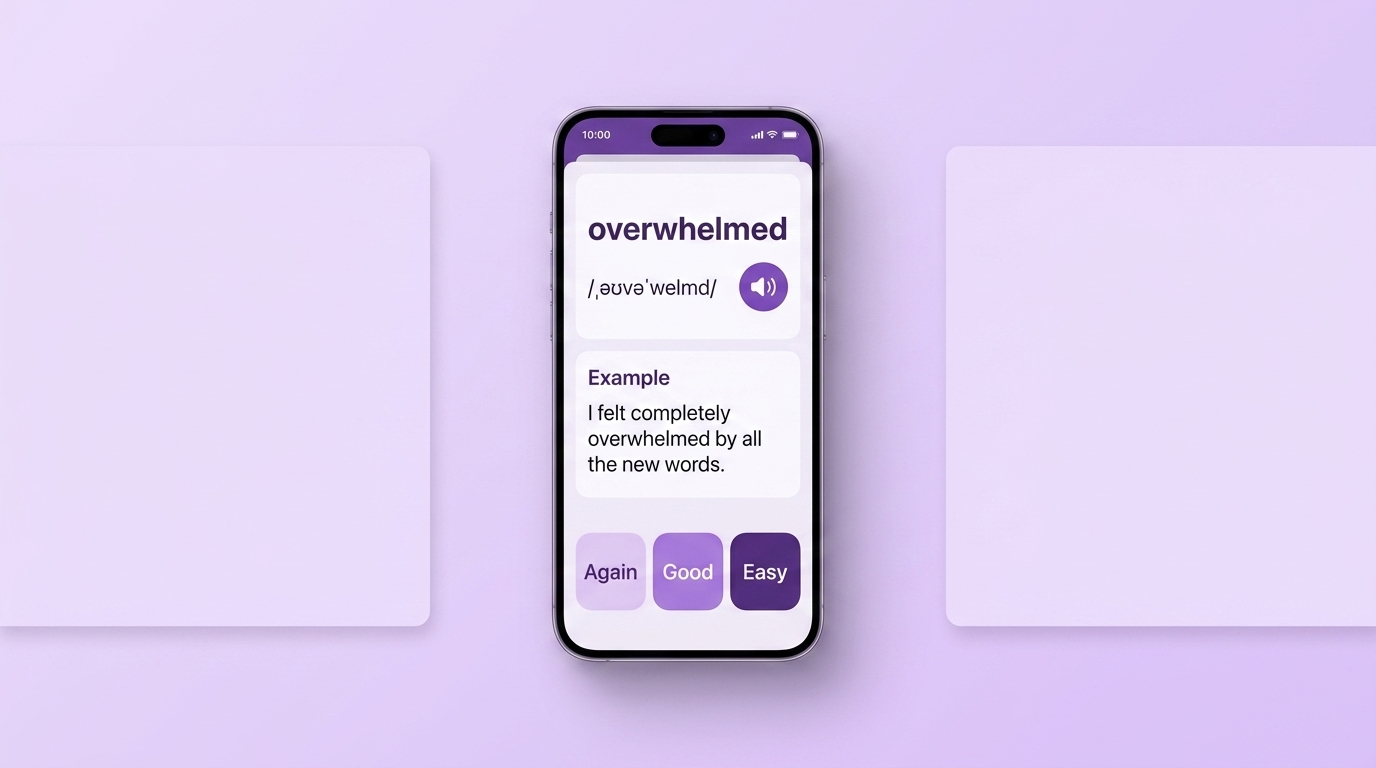 Ficha de la palabra inglesa overwhelmed con transcripción, audio y ejemplo de uso