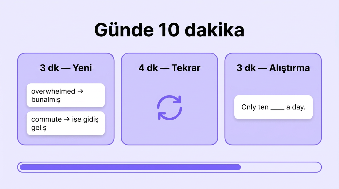 Günde on dakika üç bloğa bölünmüş: yeni, tekrar ve alıştırma
