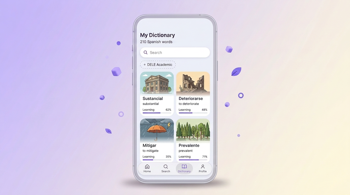 VibeLing dictionary screen with a DELE Academic collection of Spanish words