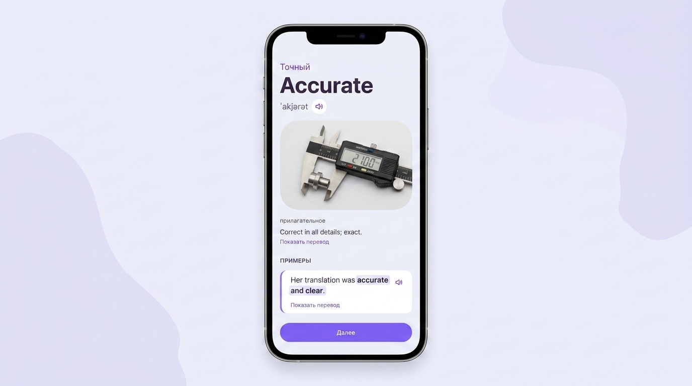 Карточка слова accurate в VibeLing: перевод, транскрипция, определение и пример