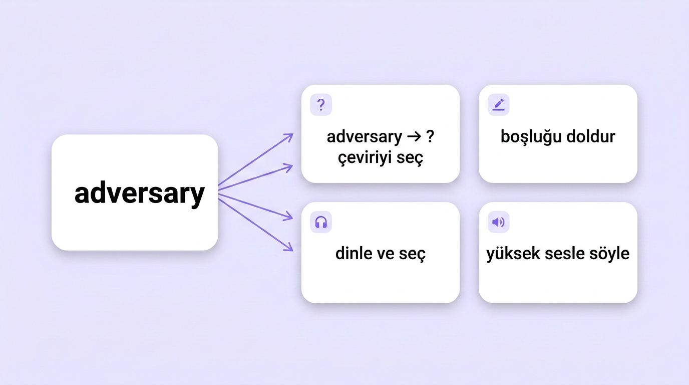 Tek bir İngilizce kelime dört farklı alıştırmaya dönüşüyor