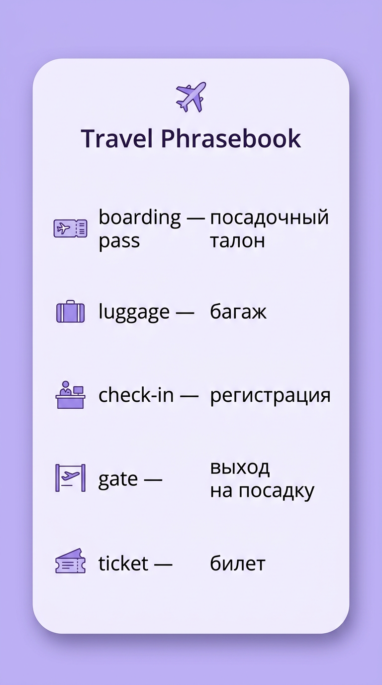 Разговорник путешественника: английские слова с переводом (boarding pass, luggage, check-in, gate, ticket)