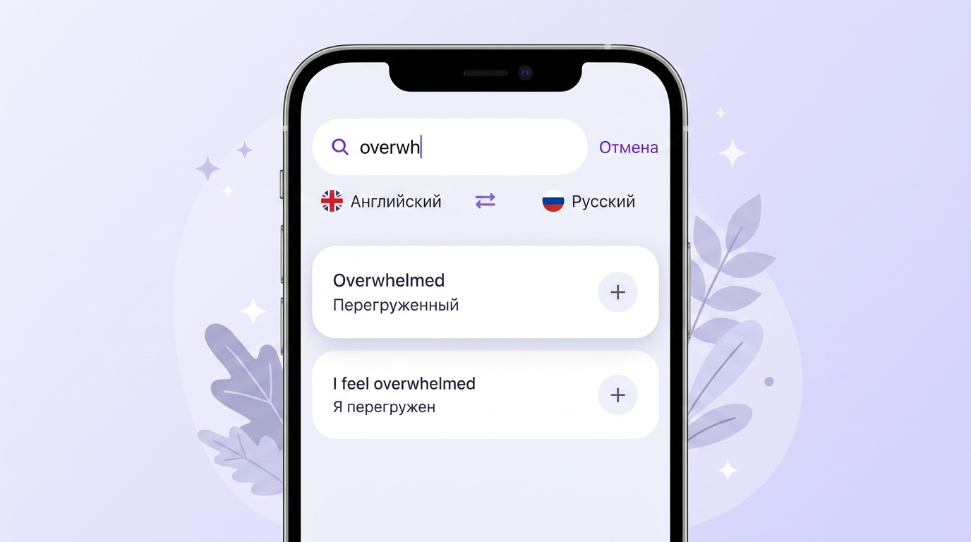 Экран VibeLing: сохранение слова overwhelmed с переводом