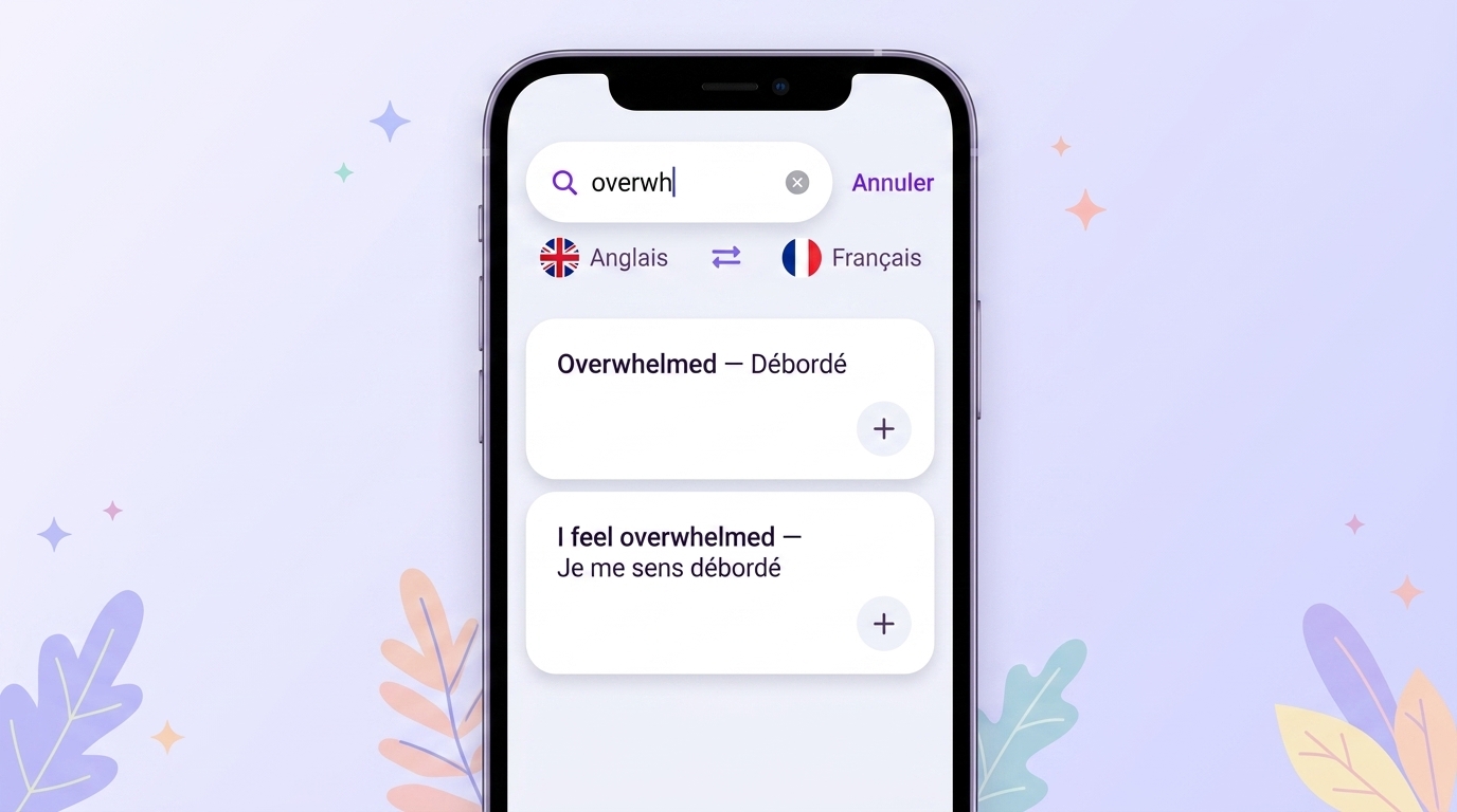 Écran VibeLing : enregistrement du mot overwhelmed avec sa traduction