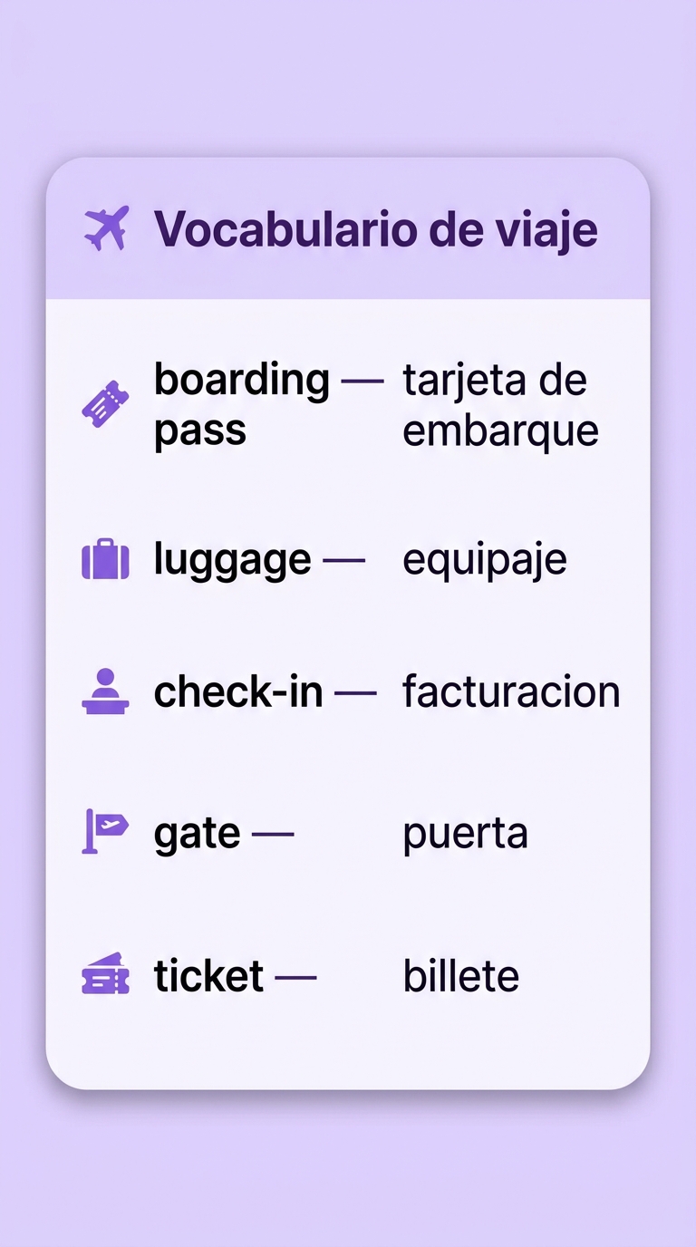 Guia de viaje: palabras en ingles con su traduccion (boarding pass, luggage, check-in, gate, ticket)