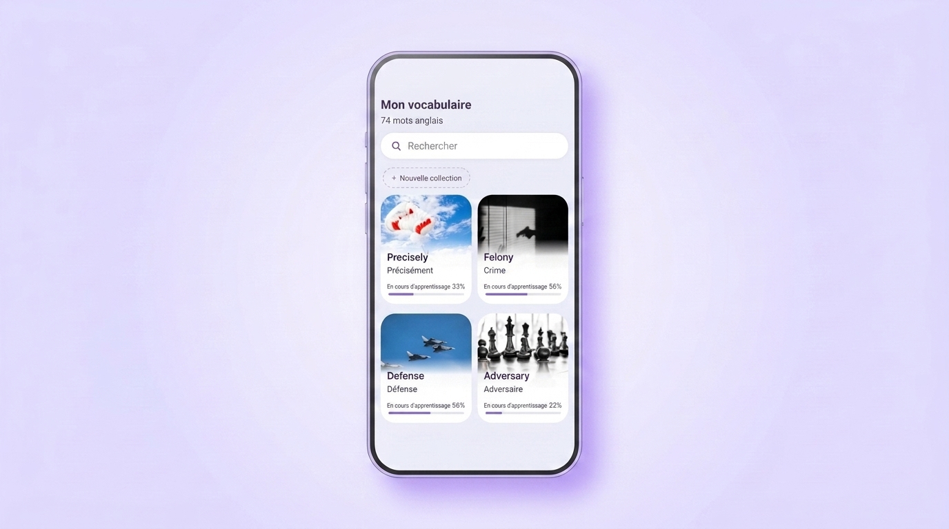 Dictionnaire personnel dans VibeLing : vos propres mots anglais avec traduction et progression