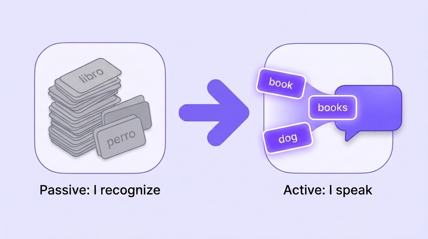 Passive vocabulary (I recognize) becomes active (I speak)