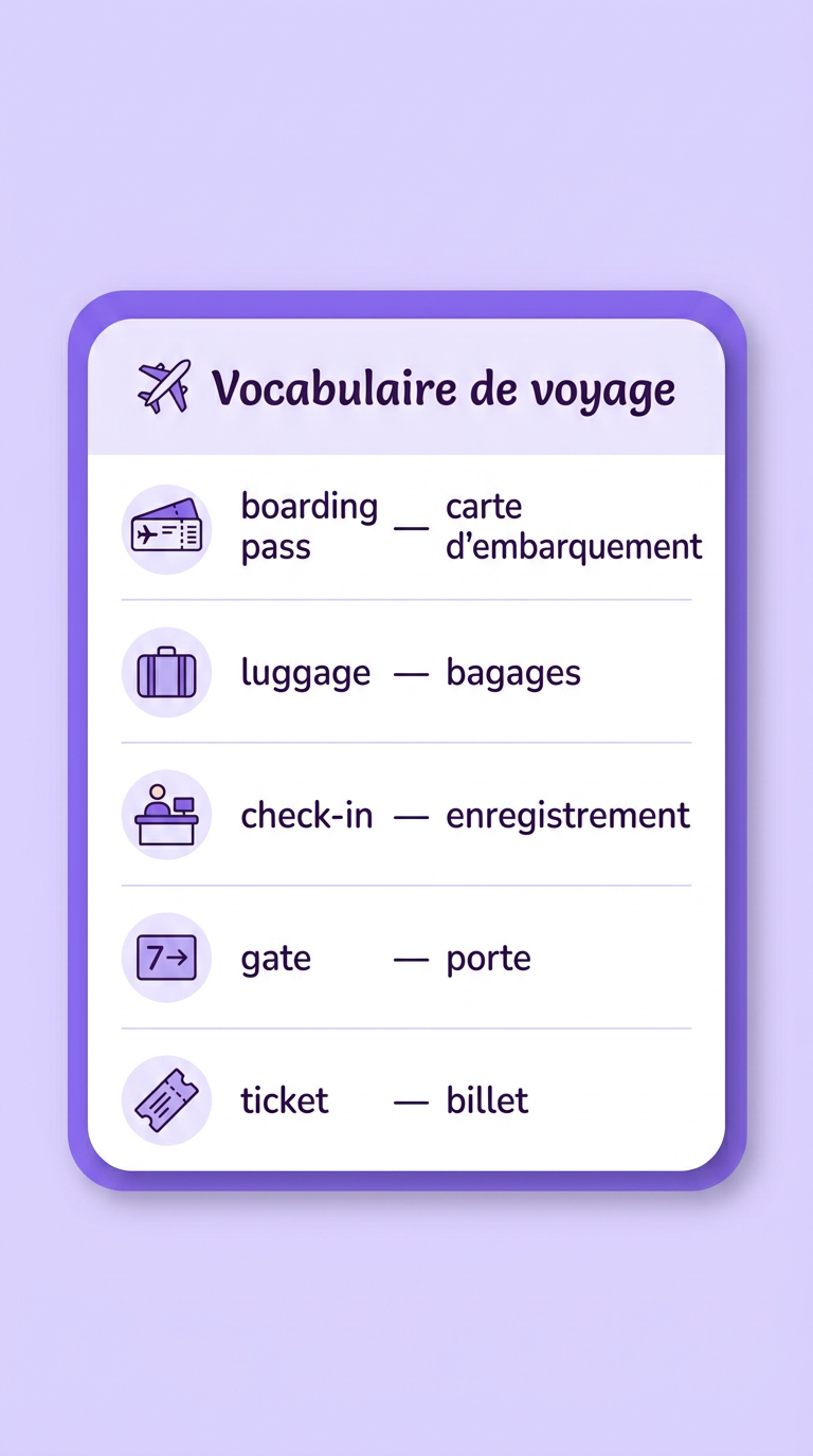 Guide de conversation de voyage : mots anglais avec traduction (boarding pass, luggage, check-in, gate, ticket)