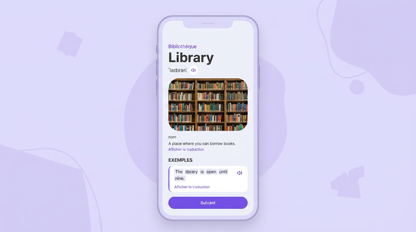 Fiche du mot library dans VibeLing : traduction, transcription, définition et exemple