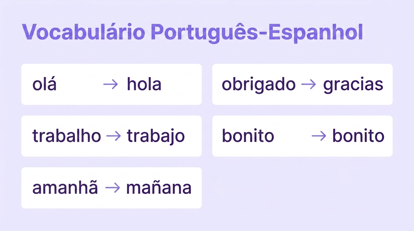 Pares de palavras português-espanhol: olá — hola, obrigado — gracias, trabalho — trabajo