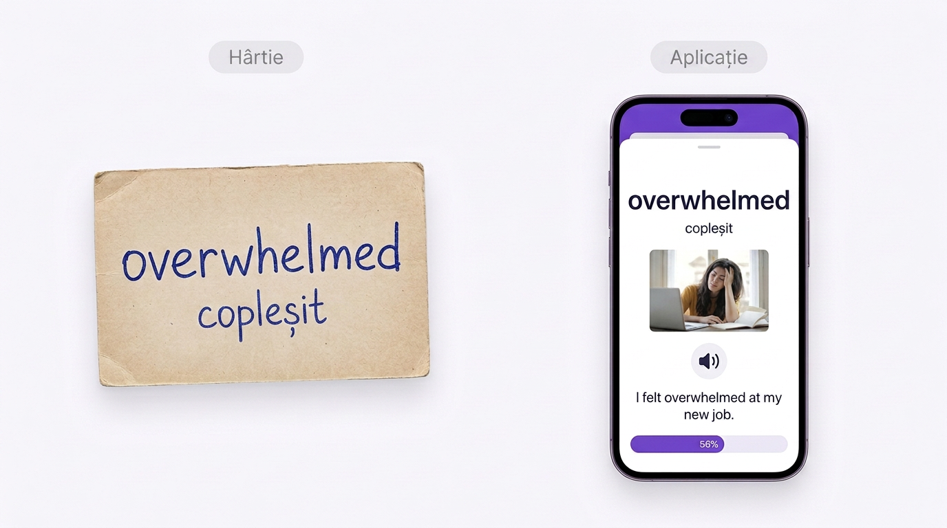 Același cuvânt overwhelmed pe un flashcard de hârtie și într-o aplicație cu foto, audio și exemplu
