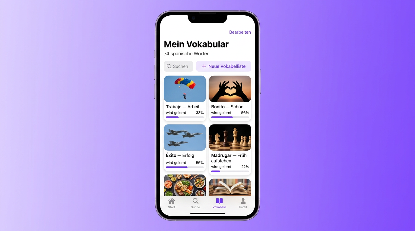 VibeLing-Screen Mein Vokabular auf Deutsch mit vier spanischen Wortkarten und Fortschrittsbalken