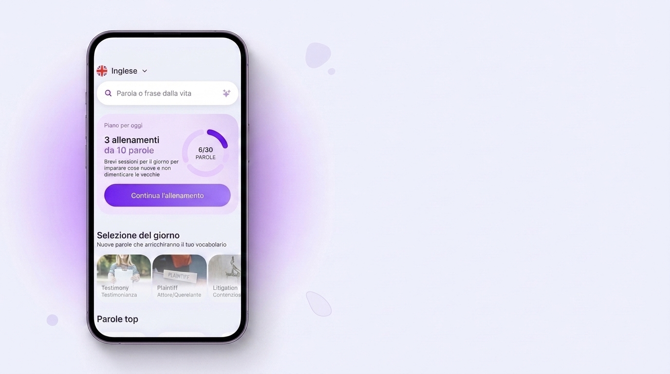 Schermata dell'app VibeLing: piano per oggi con tre allenamenti da dieci parole e anello di progresso 6 su 30