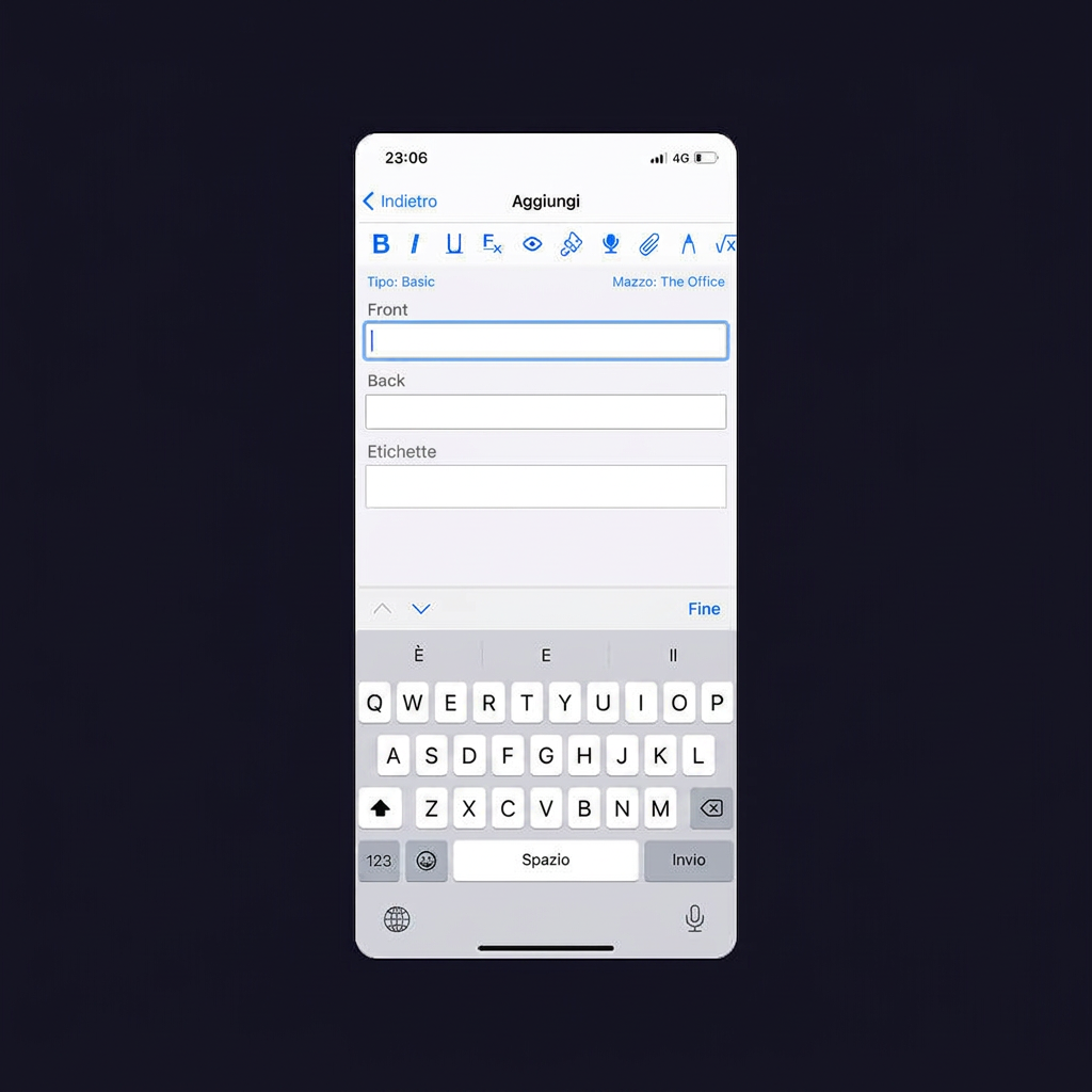 Creazione manuale di una scheda in Anki: campi Front, Back ed Etichette