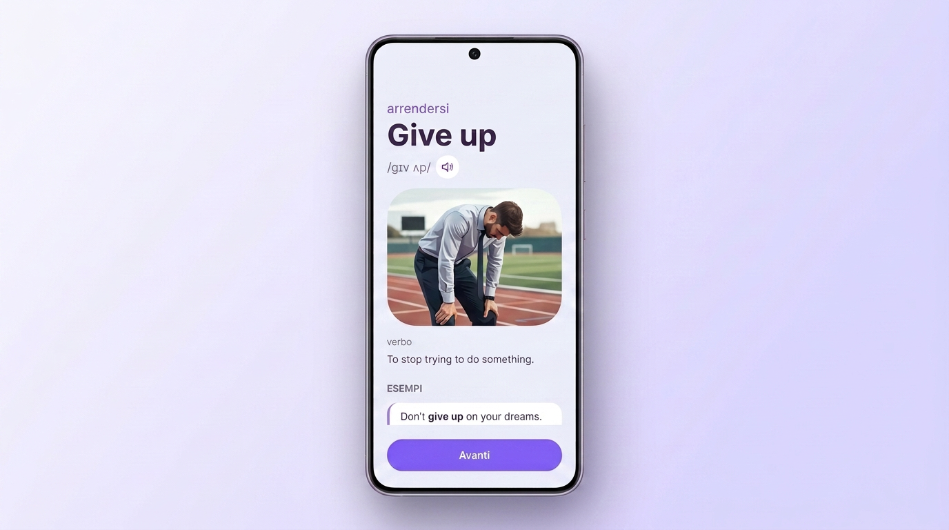 Scheda del phrasal verb give up in VibeLing: traduzione, trascrizione, audio ed esempio