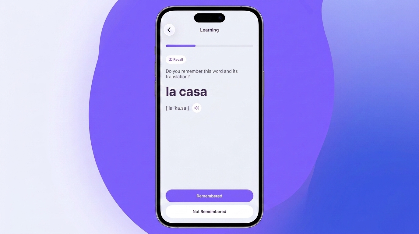 VibeLing training: a word card with Remember / Don't remember buttons — spaced repetition