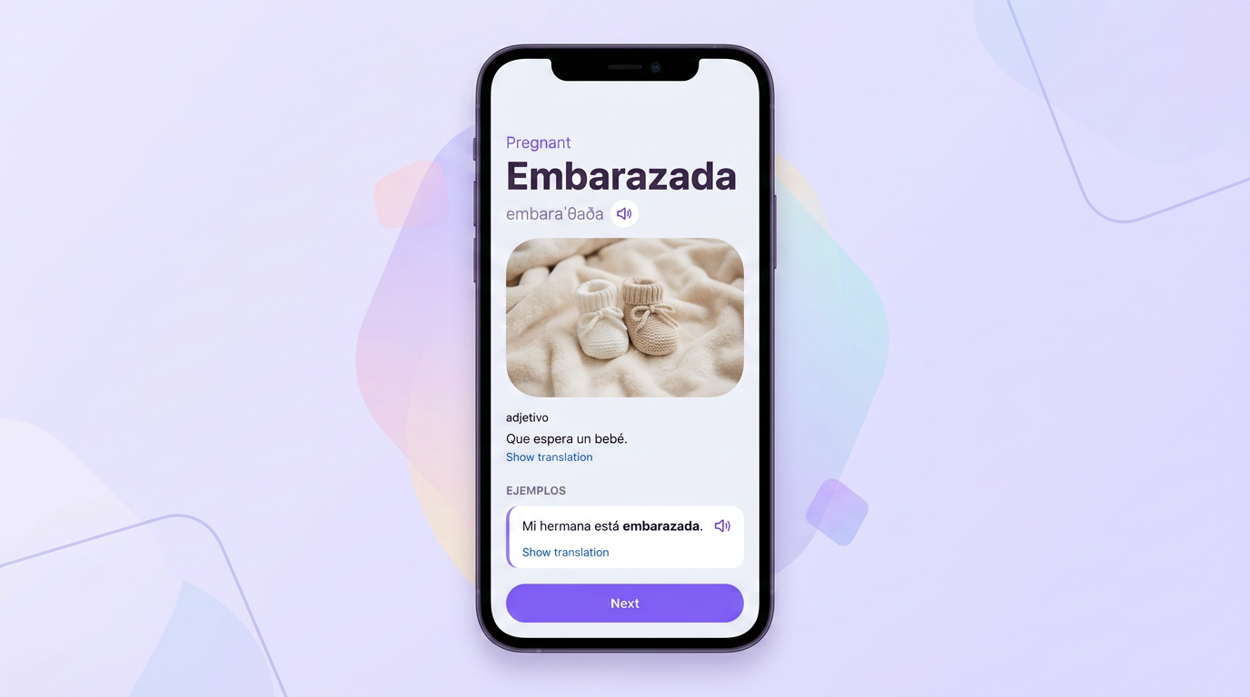 VibeLing word card for embarazada: translation, transcription, definition and example