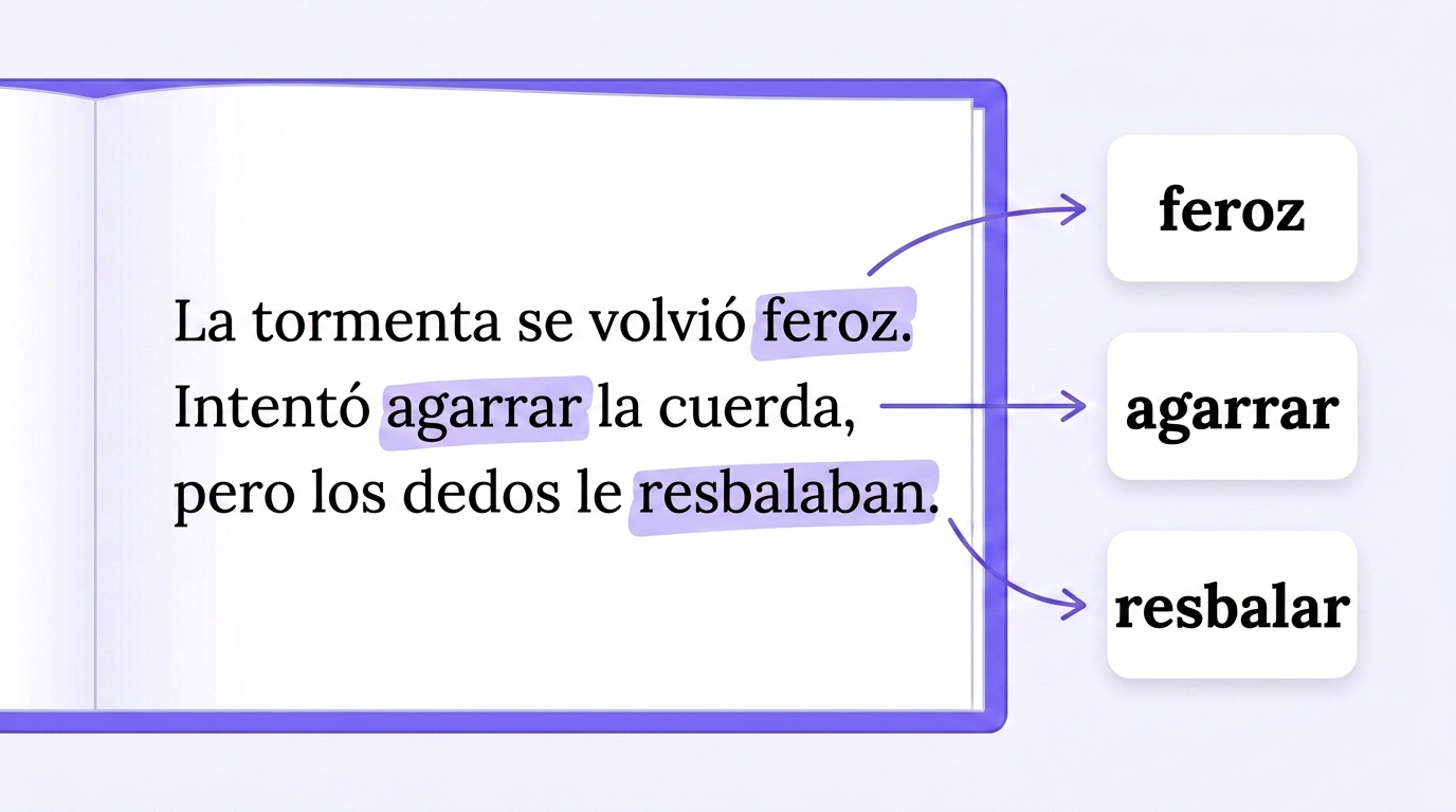 Book page with highlighted Spanish words feroz, agarrar, resbalar and word cards