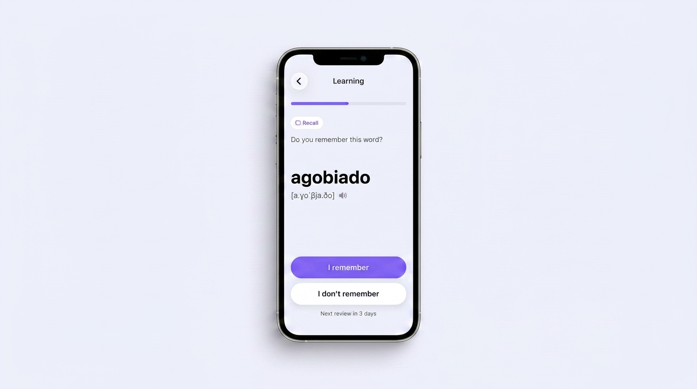VibeLing review screen: the Spanish word agobiado with 'I remember' / 'I don't remember' buttons and the caption 'Next review in 3 days'