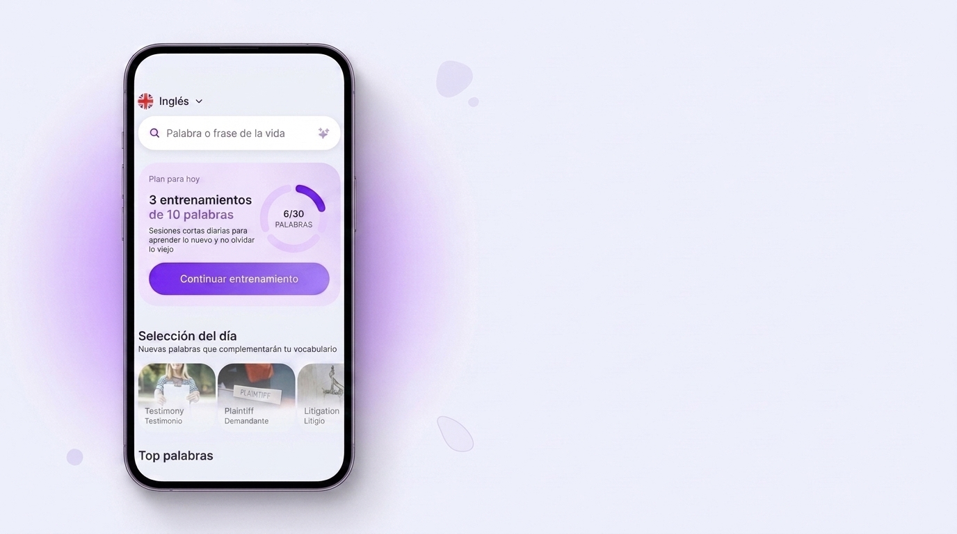 Pantalla de la app VibeLing: plan para hoy con tres entrenamientos de diez palabras y anillo de progreso 6 de 30