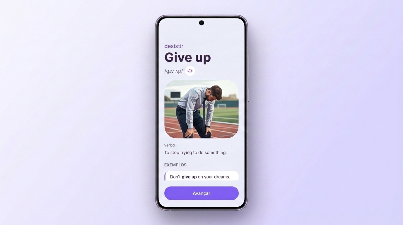 Cartão do phrasal verb give up no VibeLing: tradução, transcrição, áudio e exemplo