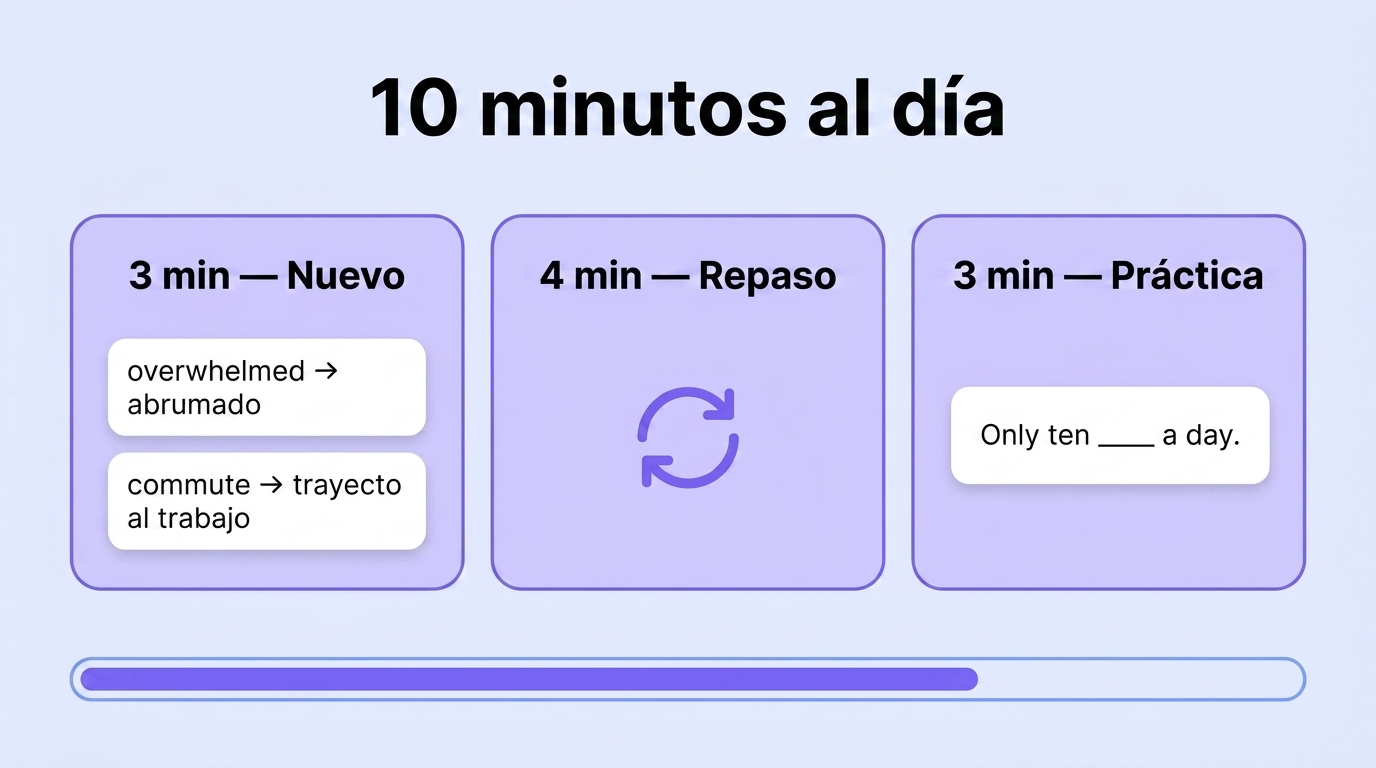 Cómo dividir 10 minutos: 3 minutos nuevo, 4 minutos repaso, 3 minutos práctica