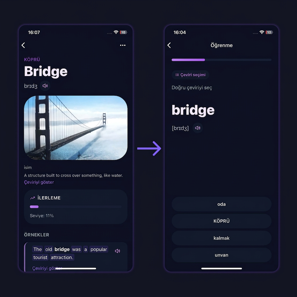 VibeLing: bridge kelimesinin kartı ve çeviri seçimi alıştırması
