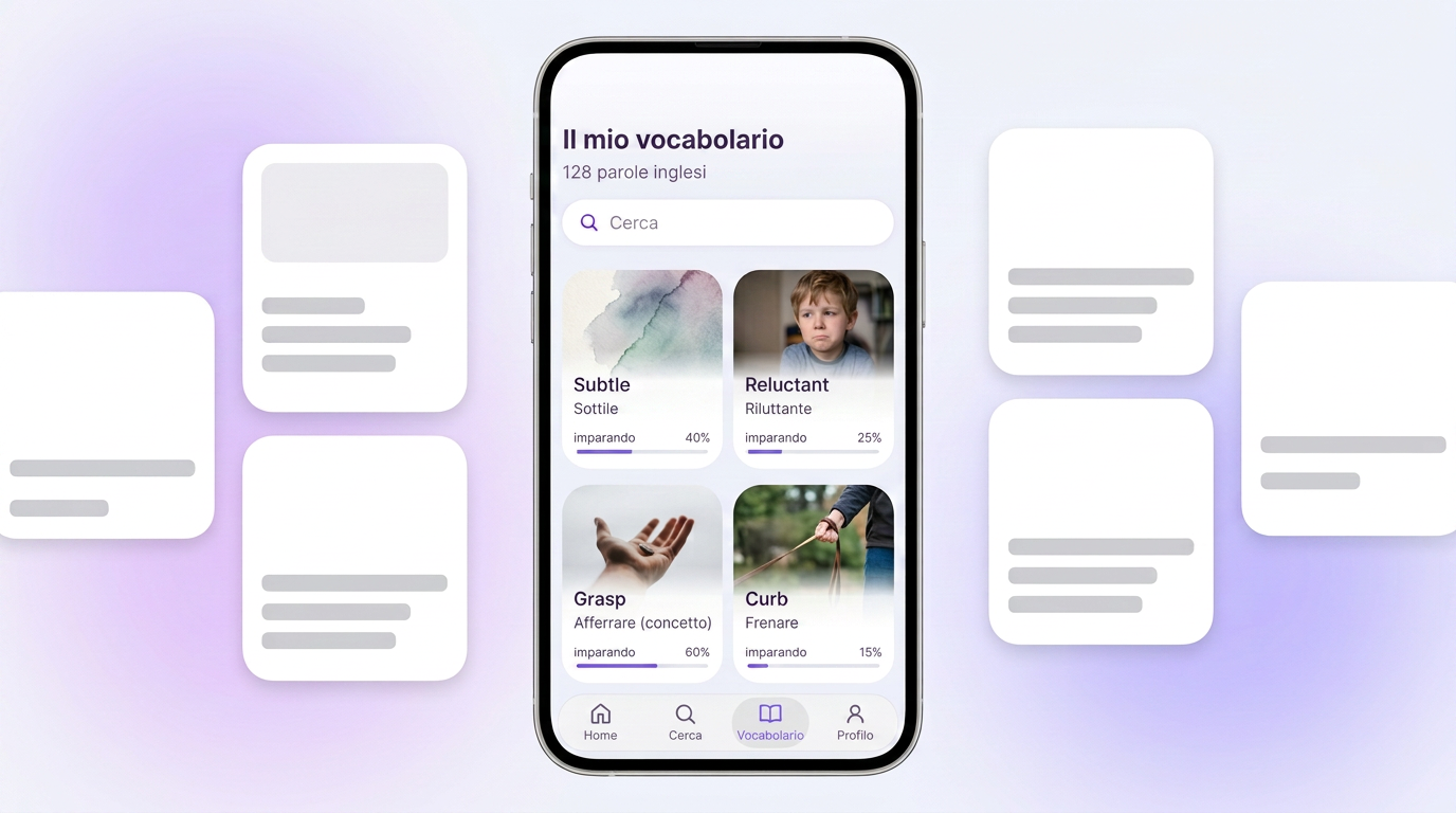 Dizionario personale in VibeLing: le tue parole con traduzione e progresso di studio