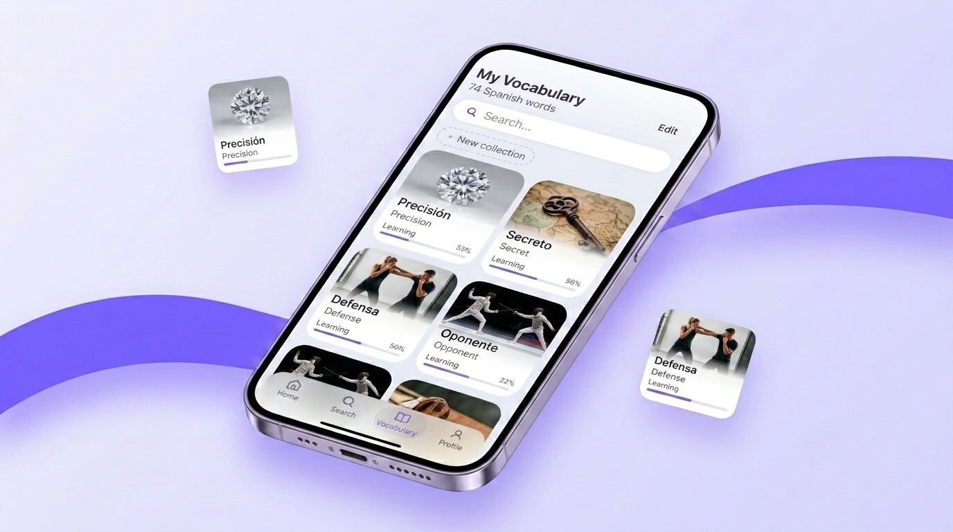 Personal dictionary in VibeLing: Spanish word cards with translations and learning progress