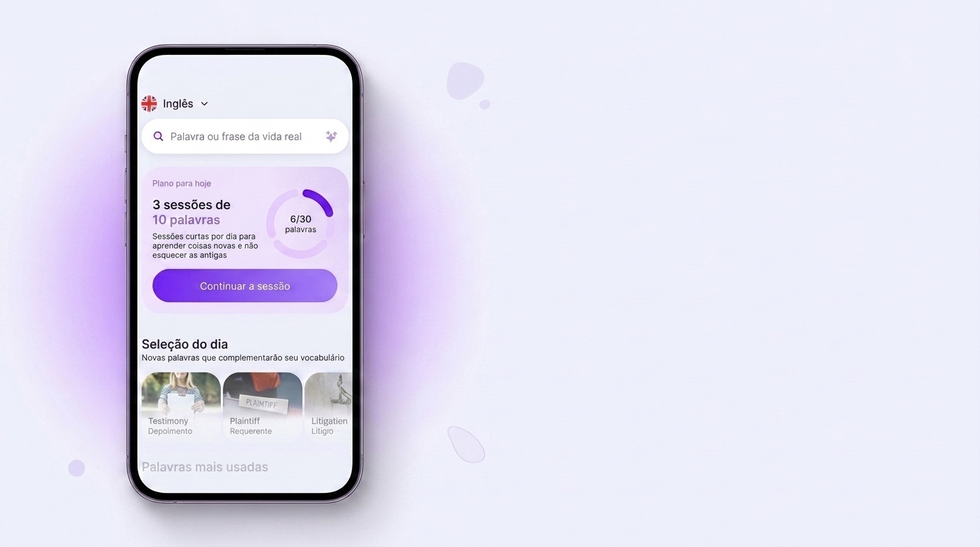 Tela do app VibeLing: plano para hoje com três sessões de dez palavras e anel de progresso 6 de 30