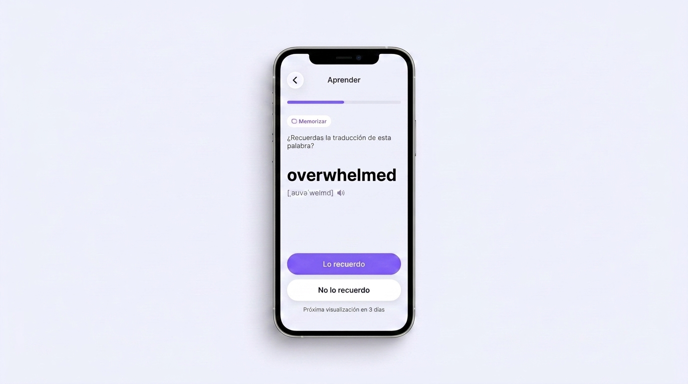 Pantalla de entrenamiento de VibeLing: la palabra overwhelmed con los botones «Lo recuerdo» y «No lo recuerdo» y el aviso «Próxima visualización en 3 días»