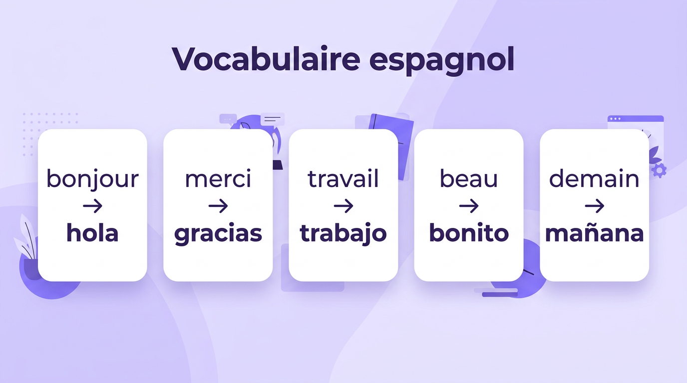 Infographie du vocabulaire espagnol de base avec ses traductions en français
