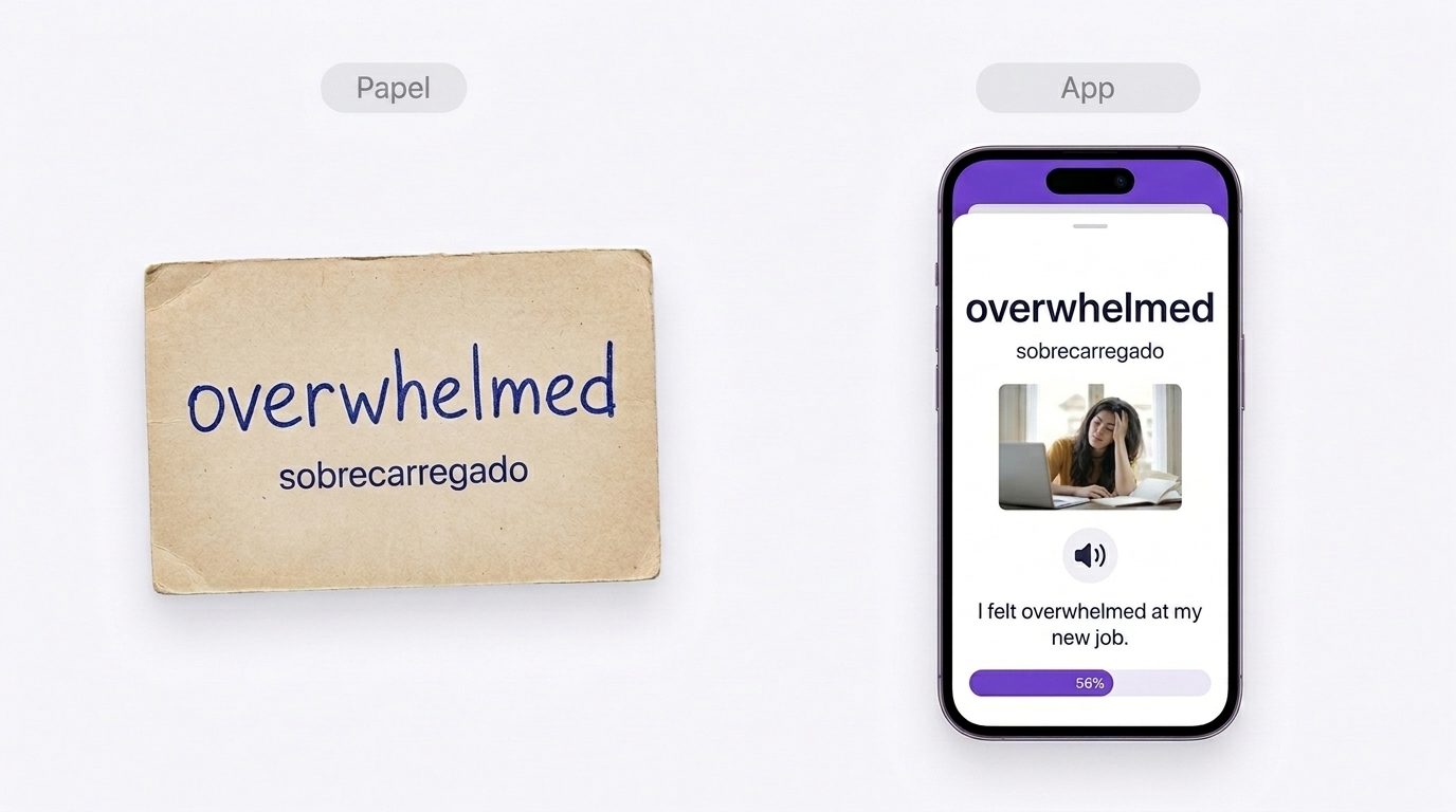 A mesma palavra overwhelmed num flashcard de papel e num cartão de app com foto, áudio e exemplo