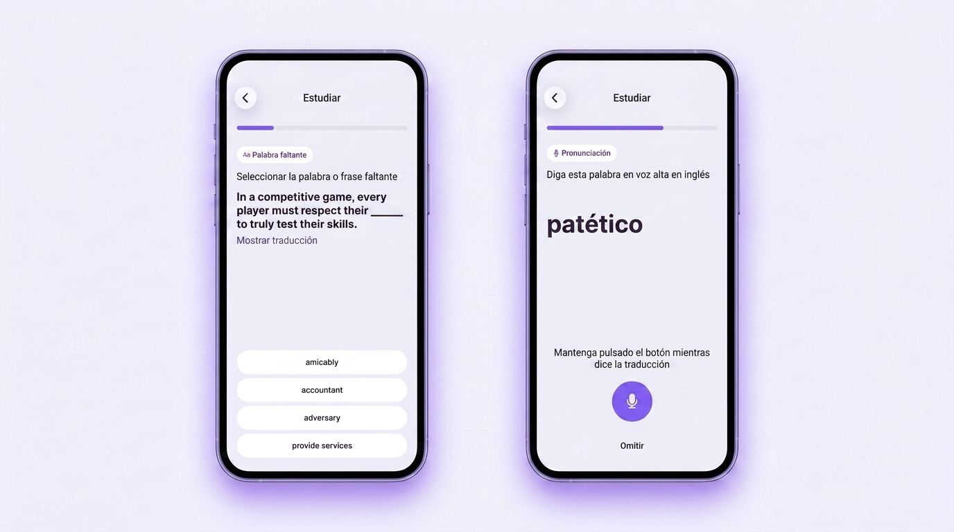 Ejercicios en VibeLing: palabra que falta en una frase y práctica de pronunciación