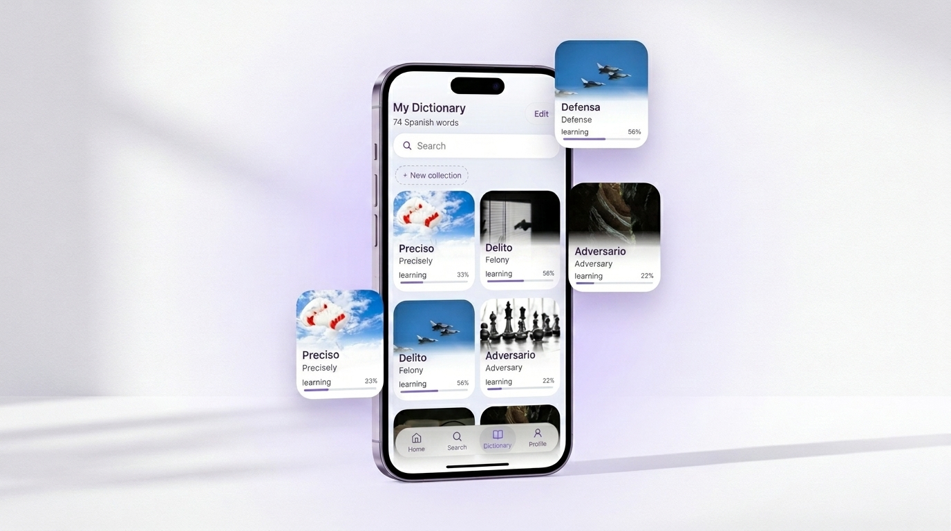 My Dictionary screen in VibeLing: a collection of Spanish word cards with images and learning progress