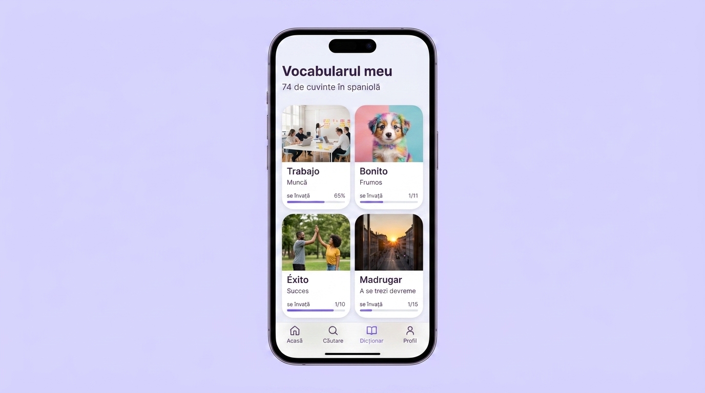 Ecranul „Vocabularul meu” din aplicația VibeLing cu cuvinte în spaniolă și bare de progres