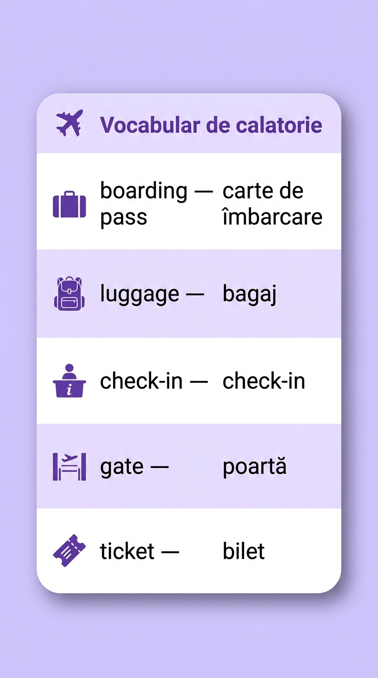 Ghid de conversație pentru călătorii: cuvinte în engleză cu traducere (boarding pass, luggage, check-in, gate, ticket)