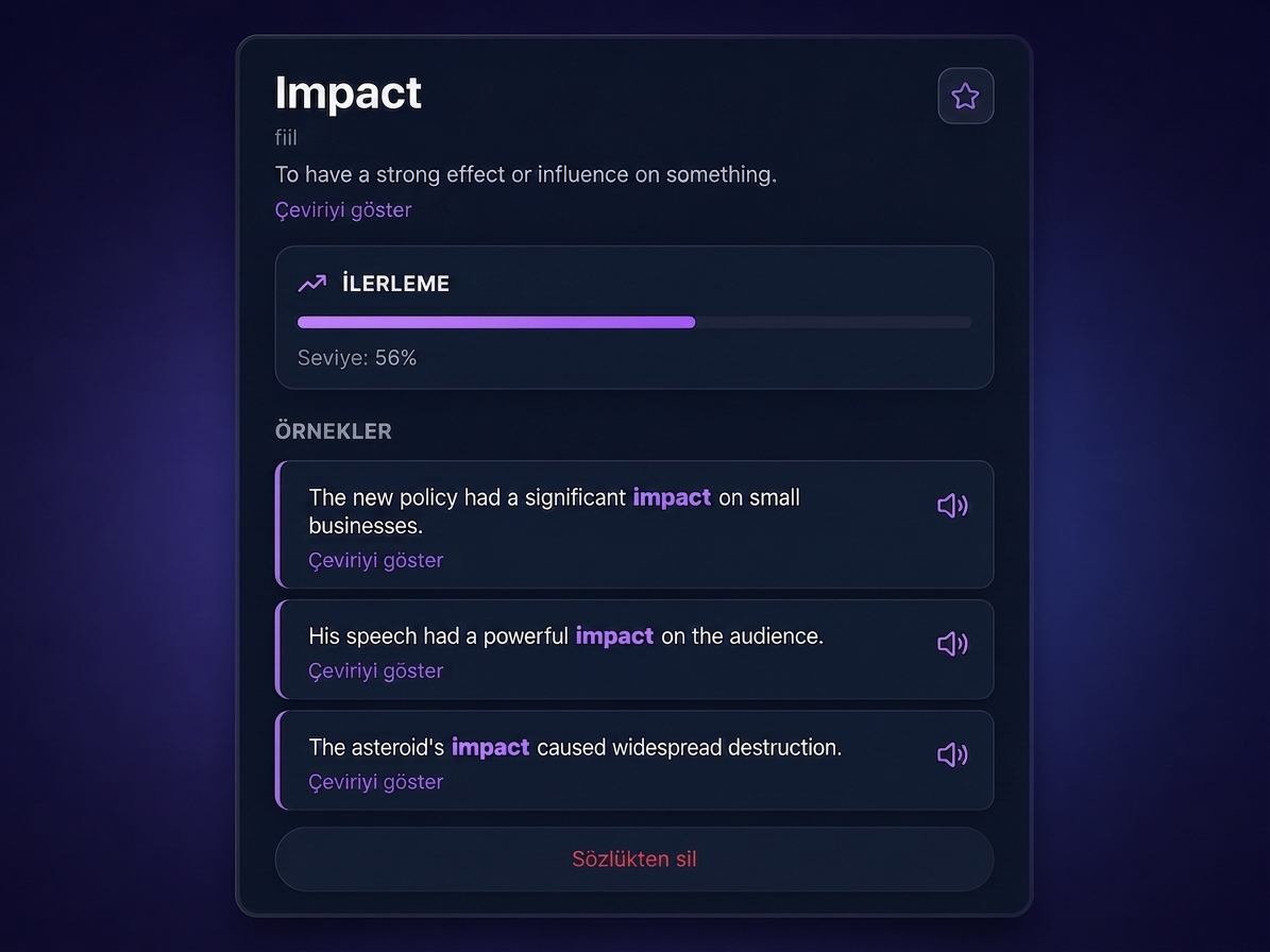 VibeLing'de impact kelimesinin kartı: tanım, ilerleme ve örnekler