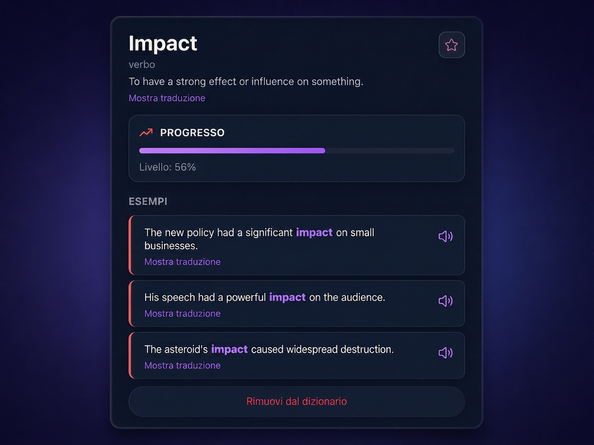 Scheda della parola inglese impact in VibeLing con definizione, progresso ed esempi