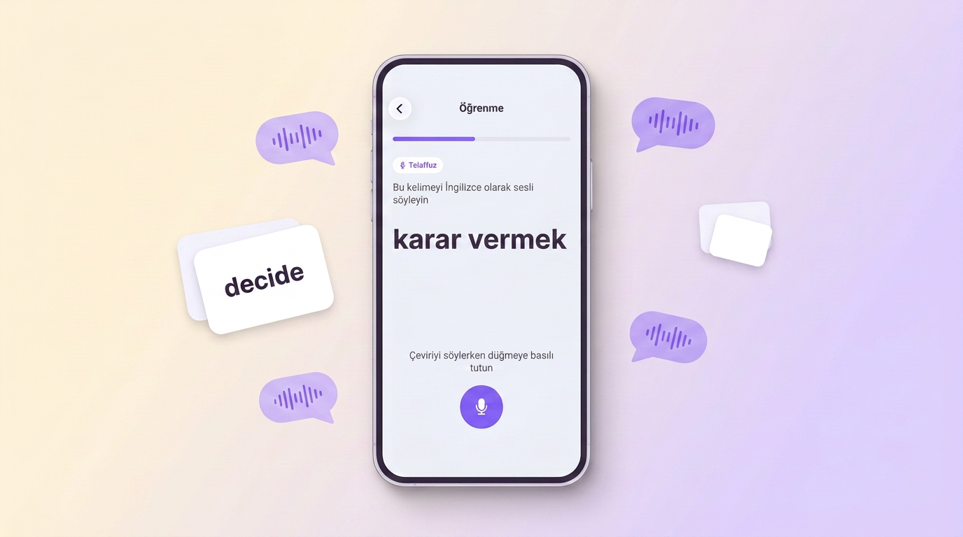 VibeLing'de telaffuz alıştırması: Türkçe kelimenin İngilizcesi sesli söyleniyor