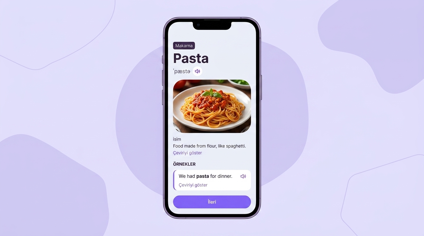 VibeLing'de pasta kelime kartı: çeviri, transkripsiyon, tanım ve örnek