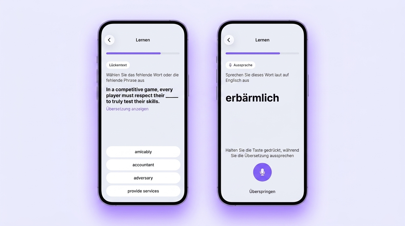 Übungen in VibeLing: Lückentext und Aussprachetraining