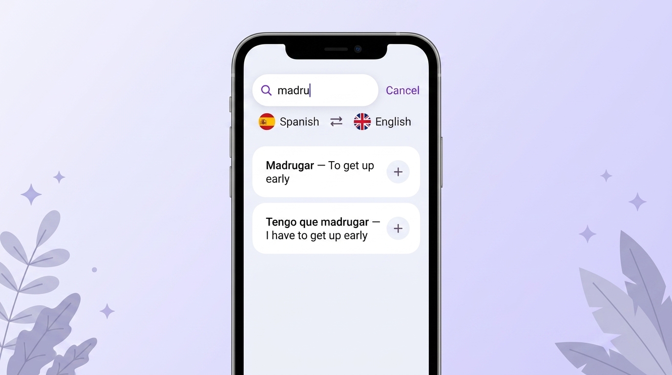 VibeLing screen: saving the word madrugar with its translation