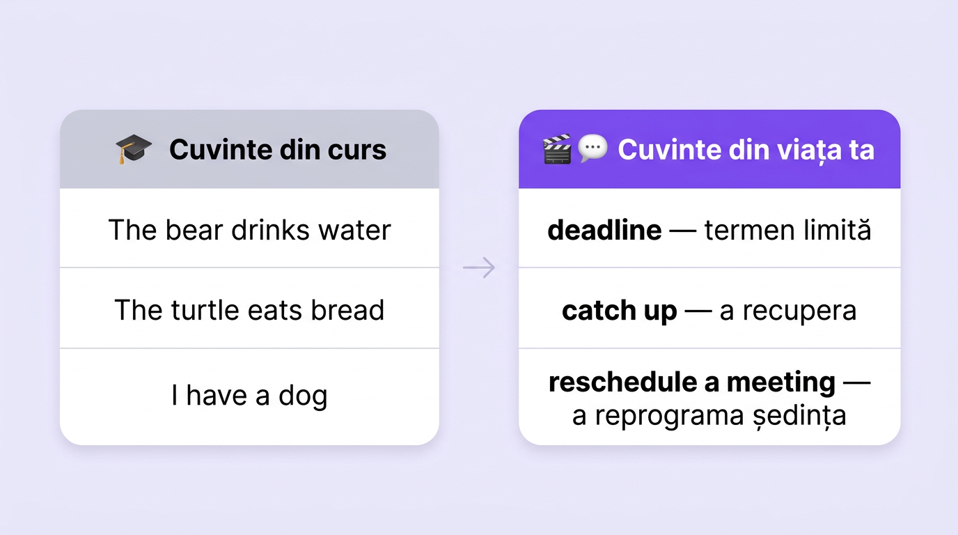 Comparație: cuvinte din curs vs cuvinte din viața ta
