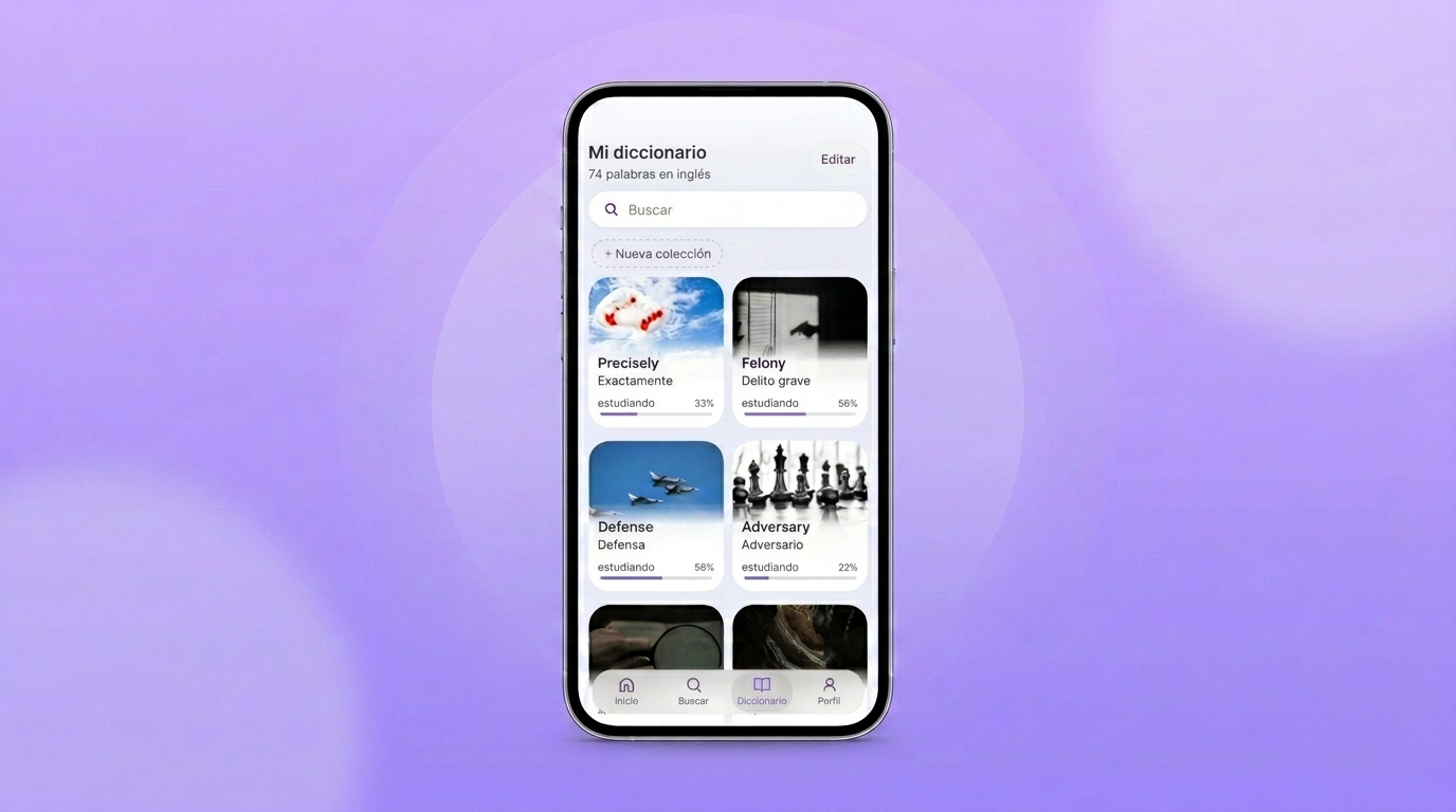 Pantalla «Mi diccionario» en VibeLing: tarjetas de palabras con progreso de estudio