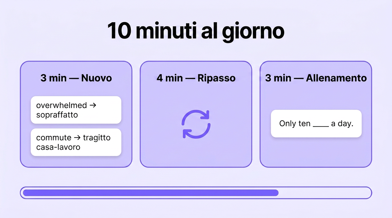 Dieci minuti al giorno divisi in tre blocchi: nuovo, ripasso e allenamento