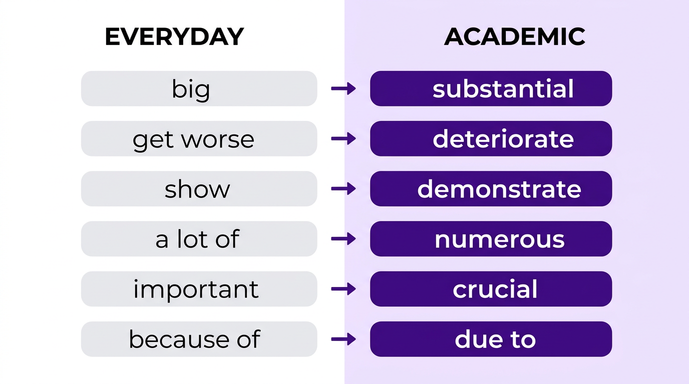 Palabras cotidianas en inglés y sus equivalentes académicos: big / substantial, get worse / deteriorate, show / demonstrate