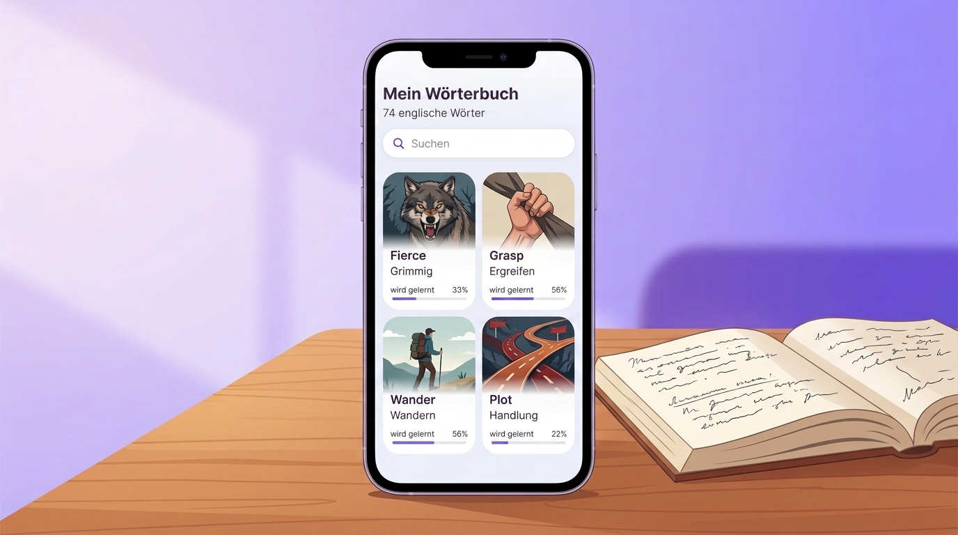 Persönliches VibeLing-Wörterbuch mit Wörtern aus einem Buch neben einem aufgeschlagenen Buch