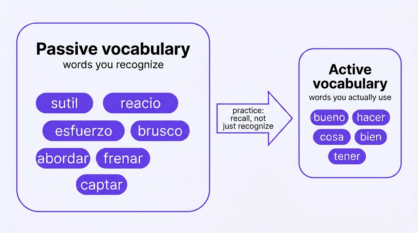 Passive vs active vocabulary: words you recognize vs words you actually use